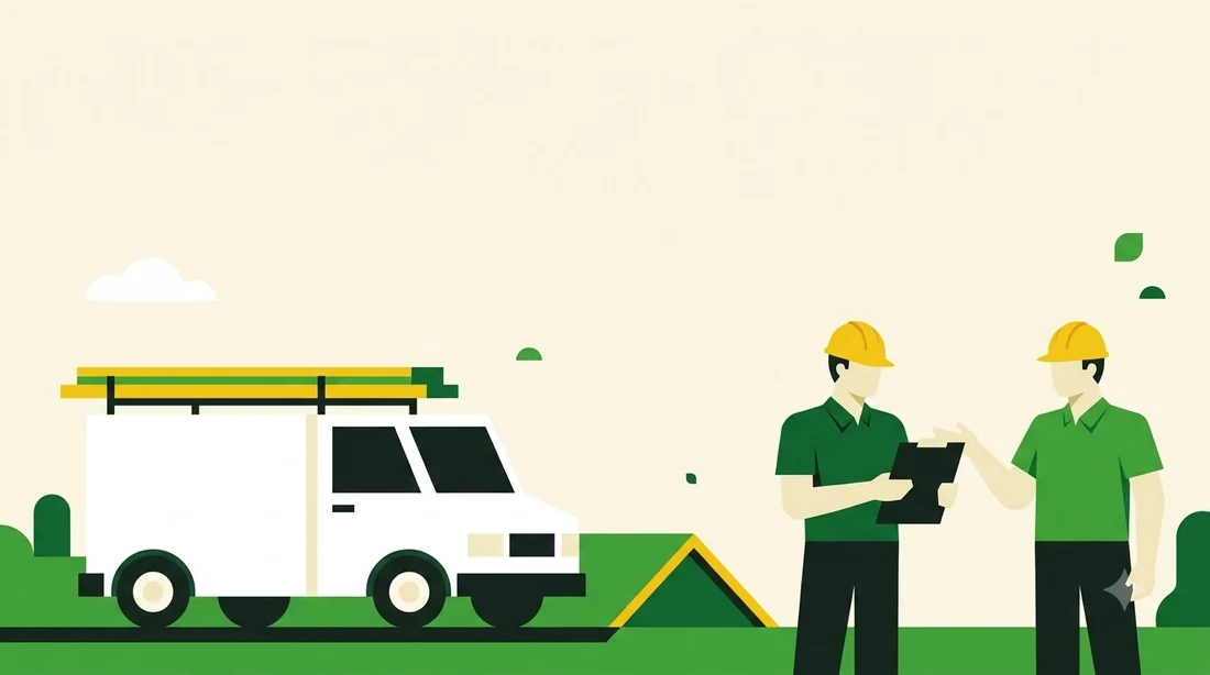 Illustration of a roofing crew beside a work truck